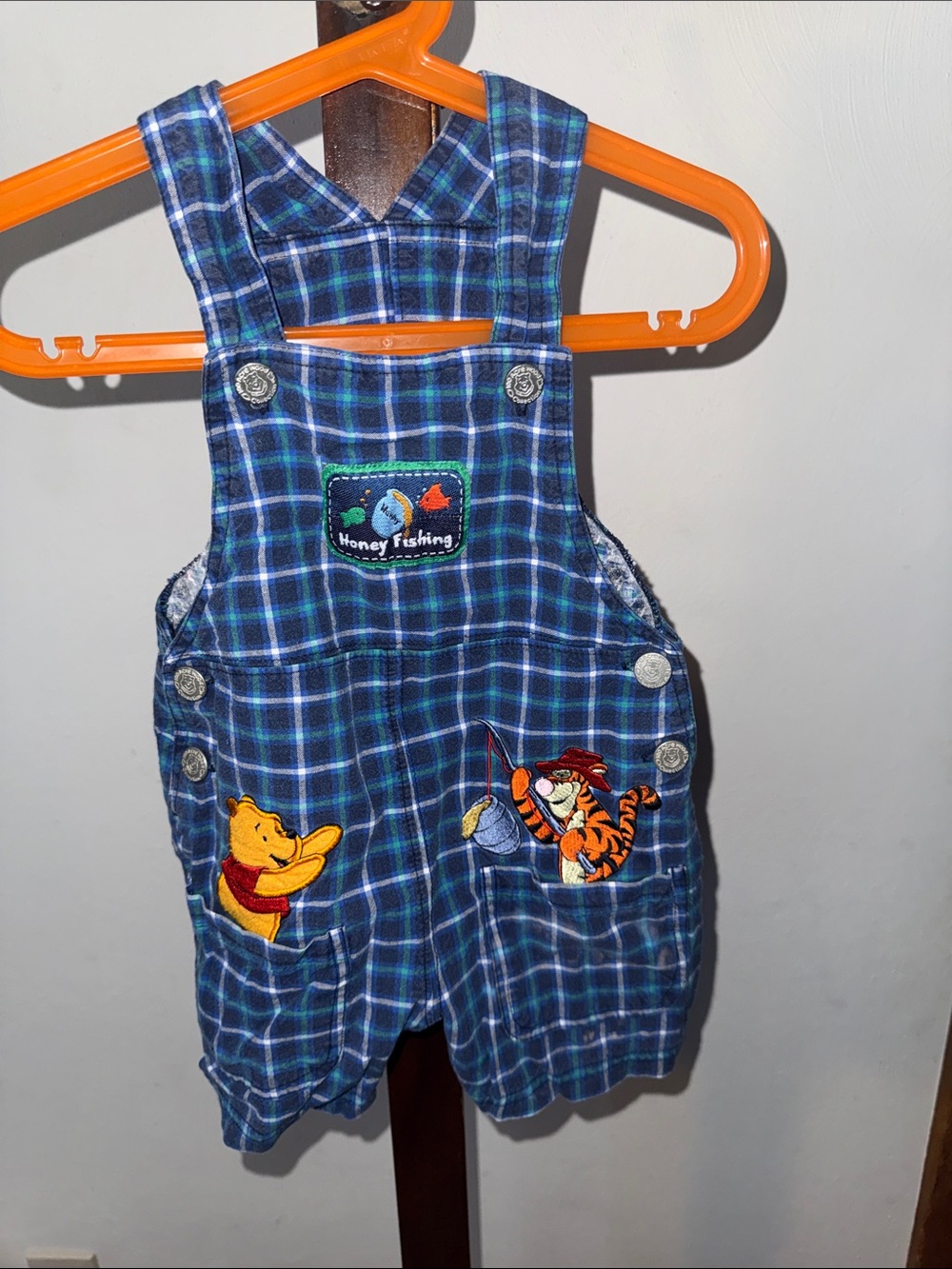 Blue Plaid Kids Overalls with Winnie the Pooh & Tigger Appliqués